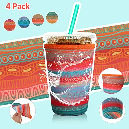 4 Pack Reusable Iced Coffee Insulator Sleeve, Neoprene Coffee Cup Holder for Iced Hot Drinks, Beverage Holder for Most Drinks view 4