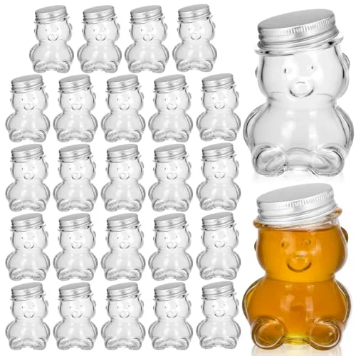 24 Pack 2.7 oz Glass Bear Shaped Honey Jars with Lids Reusable Small Tilted Bear Glass Bottles Containers Dispenser for Candies, Birthday Wedding Party Favors