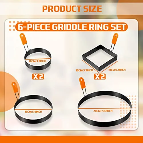 6 Pcs Egg Ring Pancake Ring Set Stainless Steel Fried Egg Molds Griddle Pancake Shapers with Silicone Handle for Breakfast Omelette Sandwich view 3