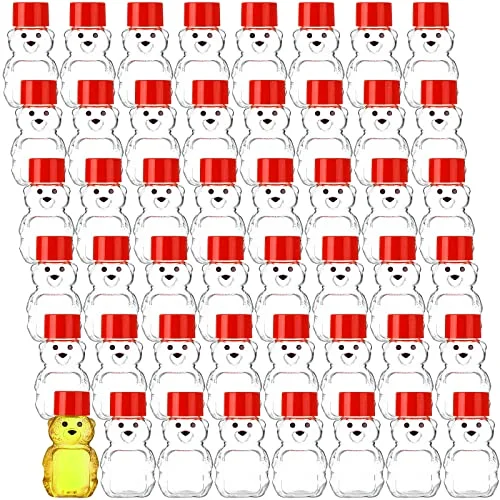 48 Pcs 2 oz Plastic Honey Bear Bottle Clear Empty Honey Containers Bulk Reusable Mini Cup Jars with Lids Juice Bottle for Holidays Baby Shower Gifts