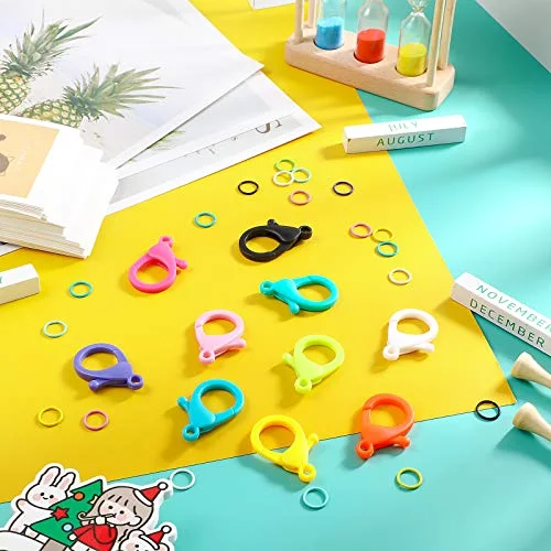 Multicolor Hard Plastic Clips Plastic Lobster Claw Clasps and Open Jump Rings, Cute Lanyard Snap Hooks for Key Chain Ring DIY Handmade Crafts Chain Clasp view 3