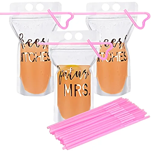 16 Pcs Bachelorette Drink Pouch Cup with Straw 17 Oz Disposable Juice Pouches Disposable Cups for Weddings and Bridal Showers