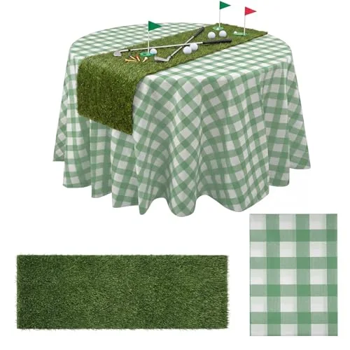 2 Pcs Golf Party Round Table Decorations Green and White Checkered Tablecloth for Golf Birthday Party Decorations Supplies Dining Centerpieces with Artificial Grass Table Runner