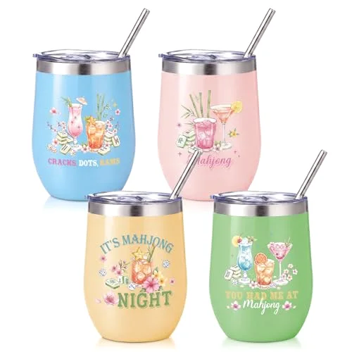 4 Pcs 12oz Mahjong Tumbler with Lid 12oz,Summer Styles