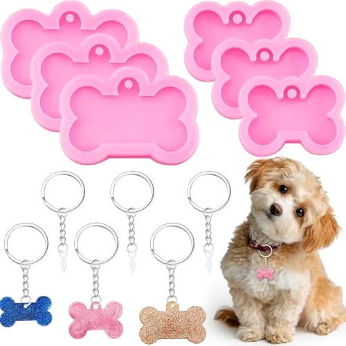 6 Pcs Silicone Dog Tags Mold 2.5'' 2'' Resin Dog Bone Keychain Molds with 10 Key Rings DIY Pet Tag Pendant Epoxy Mold Kit for Homemade Crafts Resin Casting Custom Pet Name Card