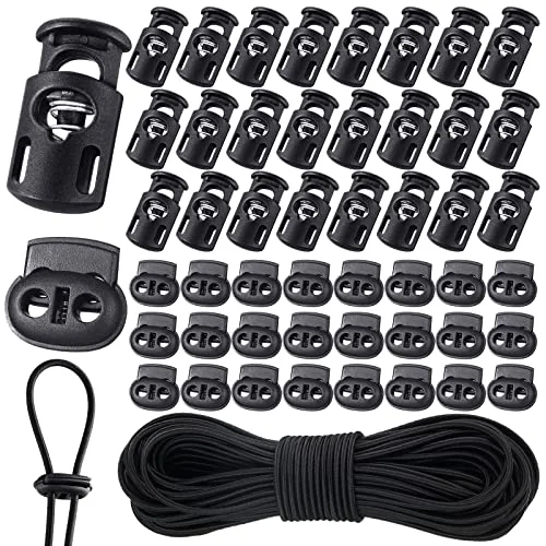 50 Pieces Cord Locks Spring Toggles Stoppers Plastic Single Hole End Stopper Slider and 1/8 Inch 66 Feet Elastic Bungee Cord for Drawstring Shoelaces Clothing Bags