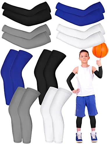 8 Pair Kids Arm and Leg Sleeve Set Non Slip Long Compression Basketball Soccer Football Leg Sleeve for Boy Girl Youth