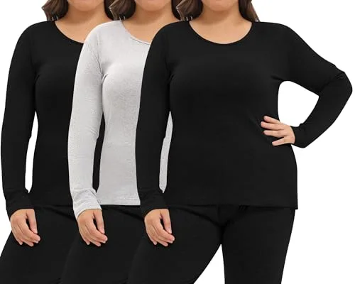 3 Pack Women Plus Size Long Sleeve Thermal Shirts Undershirt Fleece Lined Underwear Top Women Crew Neck Base Layer