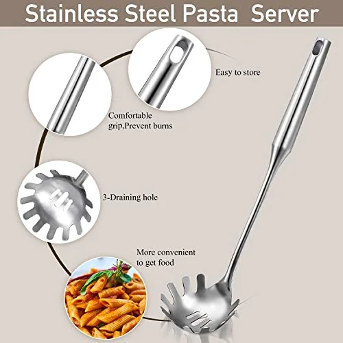 Stainless Steel Spaghetti Spoon and Pasta Tongs Set, Long Handle Noodle Server Tools with Drain Holes, Non-slip Grip for Cooking, Serving Pasta and Noodles view 4
