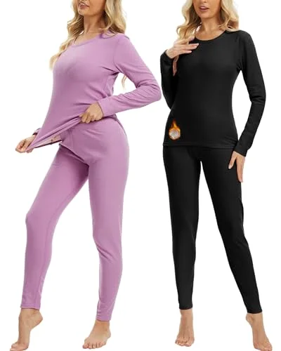 2 Sets Women's Thermal Underwear Set Warm Fleece Lined Base Layer Top and Bottom Pajama for Cold Weather