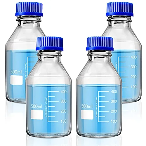 4 Pieces Glass Round Media Storage Glass Bottles Borosilicate Media Bottles with GL45 Blue Screw Cap for Lab Water Reagent Liquids