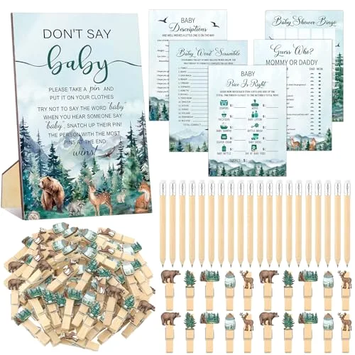 321 Pcs Adventure Awaits Baby Shower Decorations Let The Adventure Begin Baby Shower Games 5 Set Don't Say Serve 50 Guests for Forest Mountain Wilderness Gender Reveal Birthday Party Supplies