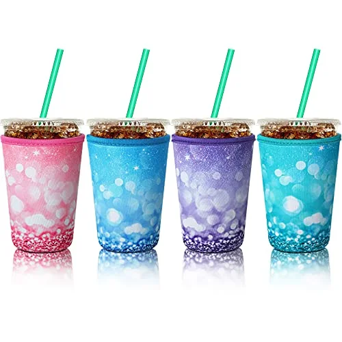 4 Pieces Reusable Iced Coffee Sleeve Cup Insulator for Cold Drinks Beverages and Holder for Most Coffee