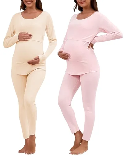 2 Pack Thermal Nursing Underwear for Women Maternity Pajama Set Breastfeeding Sleepwear Fleece Lined Pregnancy Set
