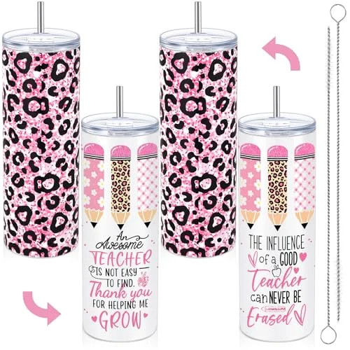 2 Pcs Teacher Tumbler 20 Oz Skinny with Lid Straw,Leopard Pink