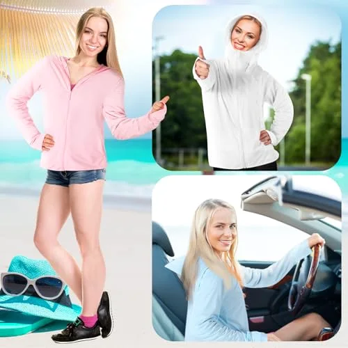 3pcs Women's Sun Protection Hoodie Clothing UPF 50+ Jacket with Face Mask Lightweight Full Zip up Long Sleeve Sun Shirt Hiking Running Outdoor Cool UV Block White Pink Blue view 4