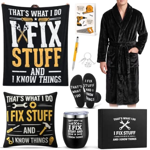 I Fix Stuff and I Know Things 9 Pcs Gift Set for Men Dad Father, Funny Birthday Gift Basket Include Flannel Bathrobe Throw Pillow Blanket Socks for Handyman Farther Christmas