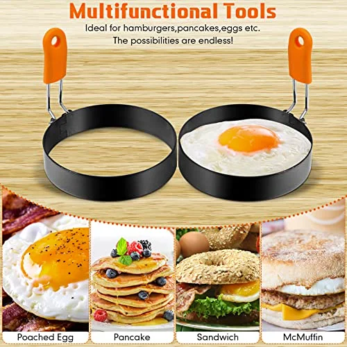 6 Pcs Egg Ring Pancake Ring Set Stainless Steel Fried Egg Molds Griddle Pancake Shapers with Silicone Handle for Breakfast Omelette Sandwich view 4