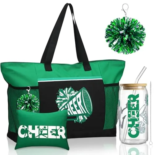 4 Pcs Cheerleader Gifts Set Cheer Tote Bag 20 oz Tumbler Women Makeup Bag Keychain Stuff Accessories for Cheerleader