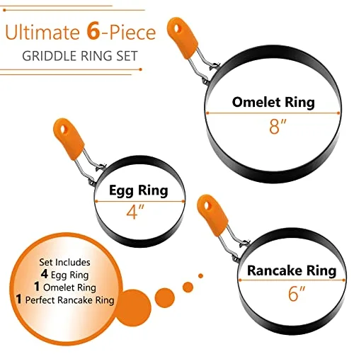6 Pcs Egg Ring Pancake Ring Set Stainless Steel Fried Egg Molds Griddle Pancake Shapers with Silicone Handle for Breakfast Omelette Sandwich view 2