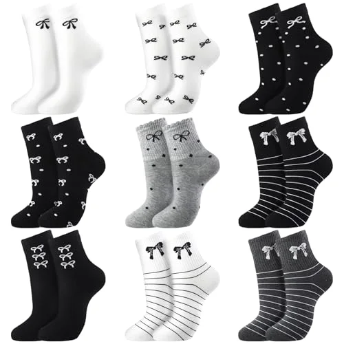 9 Pairs Cute Floral Socks Women Bow Ankle Crew Socks with Ruffle Tulip Flower Cottagecore Frilly Cotton Knitted Gifts