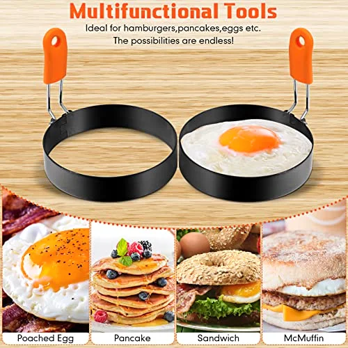 6 Pcs Professional Egg Ring Pancake Ring Set Stainless Steel Fried Egg Molds Griddle Pancake Shapers with Orange Silicone Handle for Breakfast Omelette Sandwich view 2