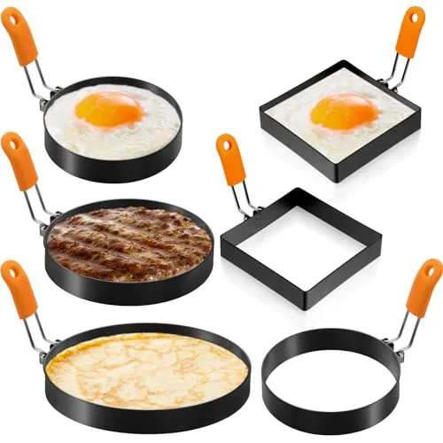 6 Pcs Egg Ring Pancake Ring Set Stainless Steel Fried Egg Molds Griddle Pancake Shapers with Silicone Handle for Breakfast Omelette Sandwich