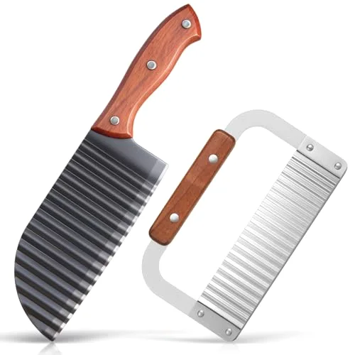 2 Pcs Crinkle Cutter Set for Fruit French Fry, Wooden Handle, Rufous