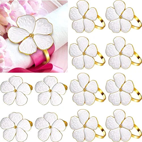 Set of 48 White Flower Napkin Rings Bulk Gold Napkin Ring Holders