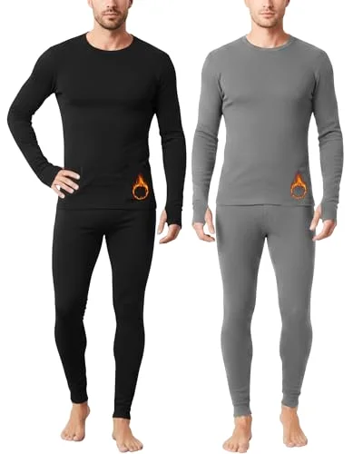 2 Pack Mens Thermal Underwear Fleece Lined Underwear Shirt and Pants Set Base Layer Top Bottom Cold Weather Winter