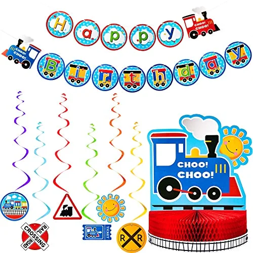 Train Birthday Party Banner Decorations Set, Happy Birthday Banner Railroad Steam Train Honeycomb Centerpiece, 6 Hanging Swirl Decoration for Baby Shower Transportation Vehicle Party Garland Supplies