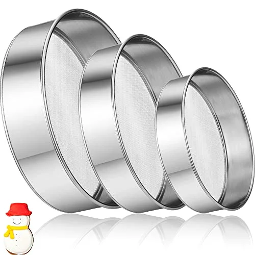 3 Pcs Stainless Steel Round Flour Sifter Sieve Fine Mesh for Bake Decorate Cakes, Pies, Pastries, Cupcakes