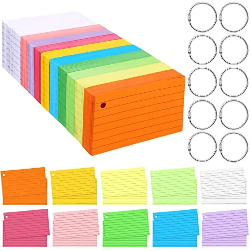 1500 Pcs Index Cards Flash Cards with Rings 2 x 3.5 Inch Lined Notecards with 8 Pcs Metal Rings for Studying Learning Memory Office School Supplies
