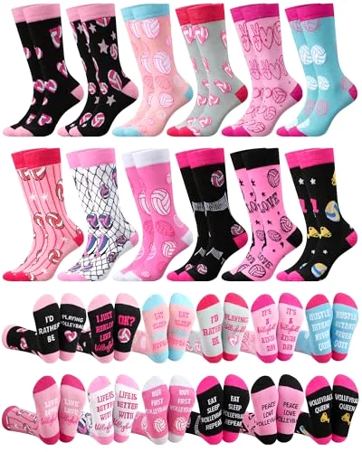 12 Pairs Novelty Volleyball Socks for Women Funny Cotton Crew Socks Bulk Volleyball Team Gifts for Players Coaches
