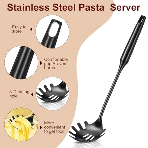 Stainless Steel Spaghetti Spoon and Pasta Tongs Set, Long Handle Noodle Server Tools with Drain Holes, Non-slip Grip for Cooking, Serving Pasta and Noodles view 4