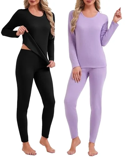 2 Sets Thermal Underwear for Women Warm Fleece Lined Base Layer Skiing Top and Bottom Pajama for Cold Weather