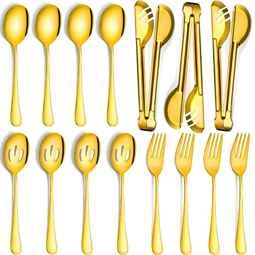 15 Pieces Gold Serving Utensil Set, Stainless Steel Buffet
