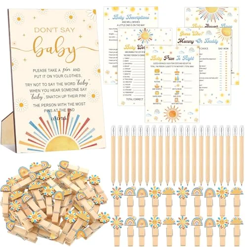 321 Pcs Here Comes The Son Baby Shower Decorations 5 Set Here Comes The Son Baby Shower Games Bingo Don't Say Sign Boho Clothespin for Retro Sun My Sunshine Gender Reveal Party Supplies