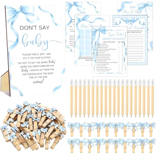321 Pcs Blue Bow Baby Shower Games Supply for Boy 5 Set Include 250 Activity Cards 20 Pencils 1 Don't Say Baby Sign 50 Clothespins for Price is Right Prediction Bingo Game Party Decor