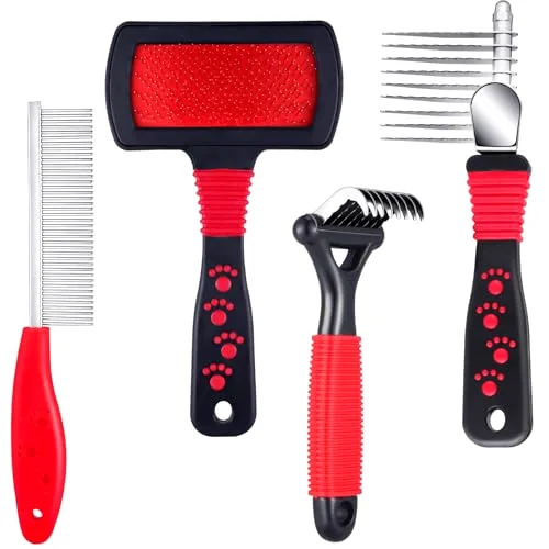 4 Pcs Dog Dematting Comb, Red and Black Classic Grooming Set