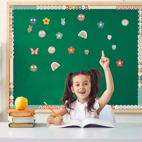 8 Rolls 262.4 ft Retro Groovy Classroom Bulletin Board Borders Decoration Colorful Daisy Flower Rainbow Butterfly Self-Adhesive Border Trim for Hippie Back to School Classroom Office view 4