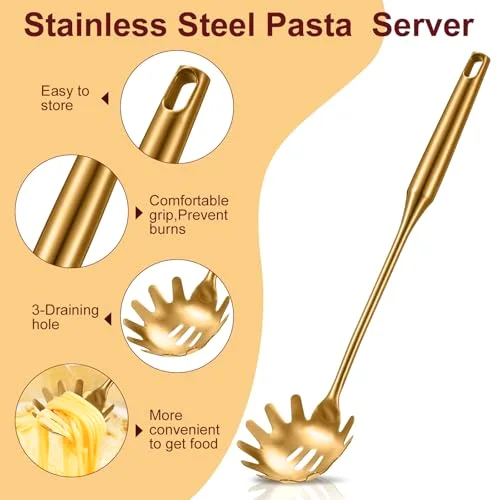 Stainless Steel Spaghetti Spoon and Pasta Tongs Set, Long Handle Noodle Server Tools with Drain Holes, Non-slip Grip for Cooking, Serving Pasta and Noodles view 3