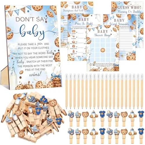 321 Pcs a Little Cookie Is on the Way Baby Shower Games Supplies 5 Sets (50 Cards Each) Activities Cards with 20 Pencils 1 Don't Say Baby Sign 50 Clothespin for Cookie Gender Reveal Supplies