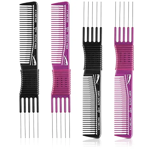 4 Pcs Teasing Combs with Metal Picks for Women,Black and Purple