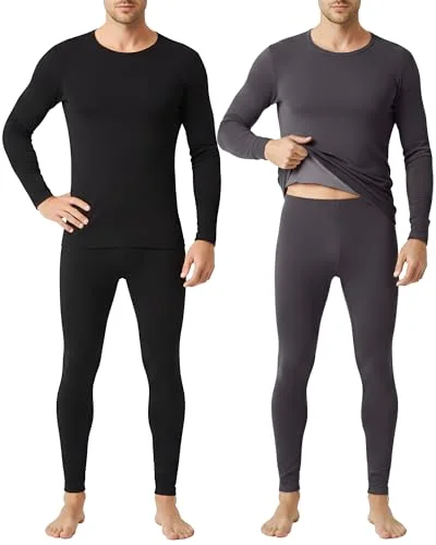 2 Pack Thermal Underwear for Men Fleece Lined Winter Base Layer Set Long Sleeve Crew Neck Top and Bottom