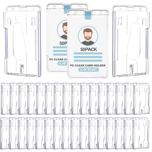 50 Pcs Hard Plastic Badge Holder with Thumb Slot Dual Sided Clear Card Holder Badge Protector Vertical ID Holders for Badge Office School Driver's Licenses and Passes