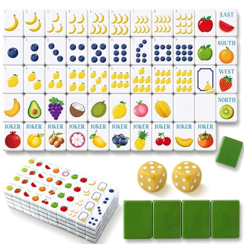 160 Pcs American Mahjong Set 1.2 x 0.87 Inches Fruit Themed Mahjong Tiles 3D Carved Pattern for Adult Mah Jong Social Games, Beginners, Mah Jong Lovers