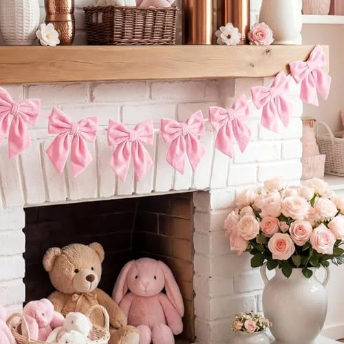 6.5 ft Pink Velvet Bow Garland Corduroy String Bow Garland Banner Coquette Birthday Party Room Decor Bachelorette Decoration for Tree Door Table Wall Window Mantel Fireplace Graduation