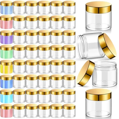 48 Pack 2 oz Clear Plastic Jars with Gold Lids Empty Containers Round Clear Plastic Jars Wide-mouth Refillable Storage Organizers for Cosmetics Lotions Butters Slime Making and Food Storage