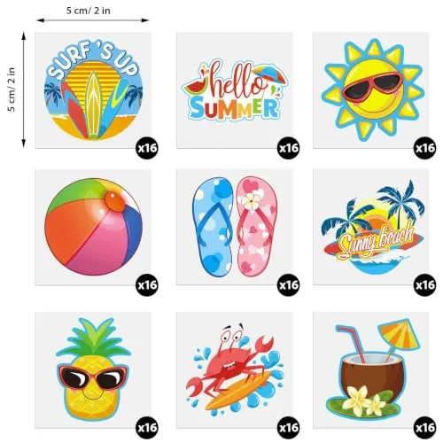 144Pcs Summer Temporary Tattoos for Kid Hawaiian Beach Pool Party Favors view 2